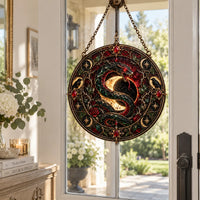 Coiled Under the Crescent - Serpent and Raven Round Window Hanging