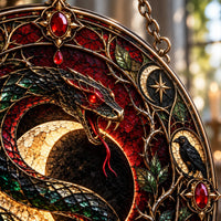 Coiled Under the Crescent - Serpent and Raven Round Window Hanging