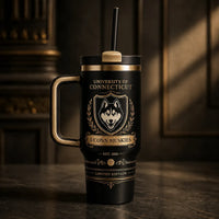 UCONN Crest - Gold Heraldry on a Black Tumbler