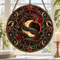 Coiled Under the Crescent - Serpent and Raven Round Window Hanging