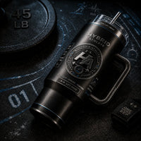 Hybrid Athlete - Monochrome Badge Composition on a Tumbler